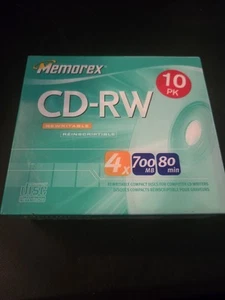 Memorex 10 pack CD RW 4X 700MB 80 Minutes new w/ Slim Jewel Cases - Picture 1 of 1