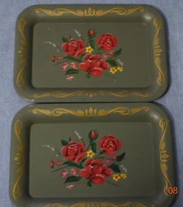Vintage Set of 2 Mid Century Metal Litho Tip Trays Flower Pattern-6.5"x 4.5" - Picture 1 of 2