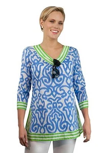 SALE Gretchen Scott Arabesque blau-grüne Tunika / Bluse / Top Garnelen XXS - XS NEU - Bild 1 von 1