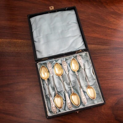 6 CUCHARAS DE CAFÉ DEMITASSE DE PLATA 830 DANESAS PETER HERTZ CUENCOS DORADOS 1877 EN CAJA Foto 1 de 4