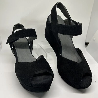 Chocolat Blu 8 Black Suede Peep Toe Warford Ankle Strap Wedge Sandals Platform - Image 1 of 4