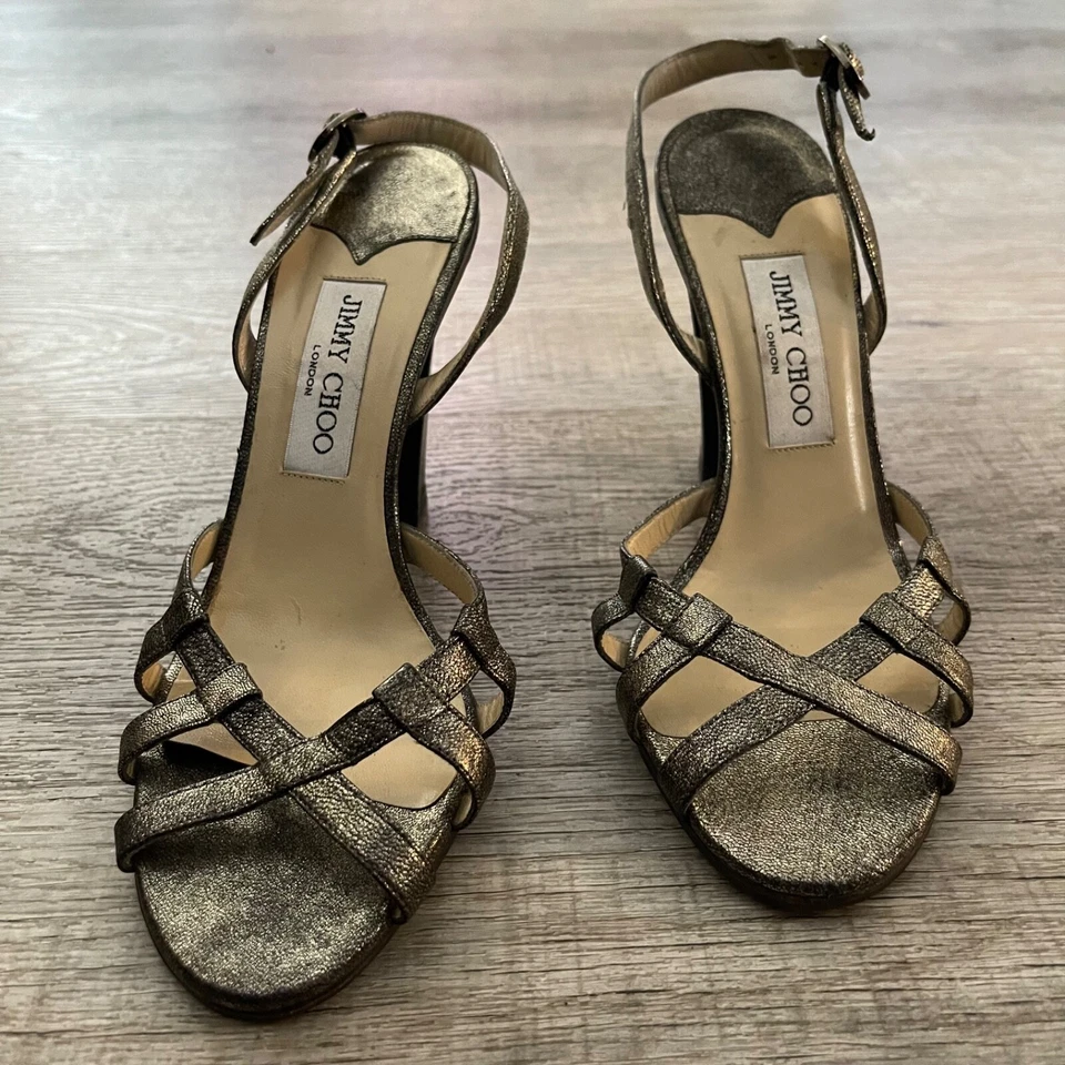 Sandalias Jimmy Choo Talla 38 Tacones Bloque Metálicos Brillo Bronce Cordones L G2U Foto 1 de 4