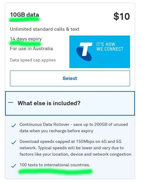 Australia Telstra SIM Starter Unlimited National Call 10GB Data 100 Int TXT 14D - Image 1 of 1