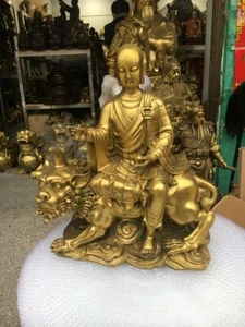 17'' brass buddhism buddha ksitigarbha Bodhisattva on beast lion dog statue - Picture 1 of 12