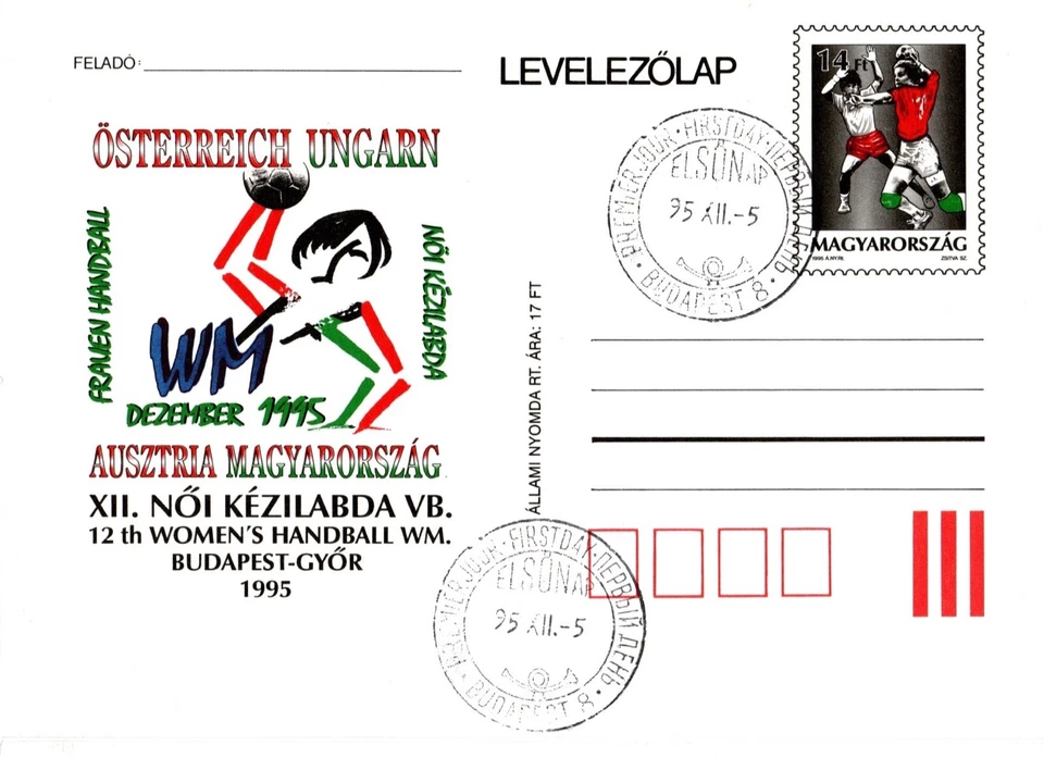 HUNGRÍA-1995. Papelería Postal-12º Mundial de Balonmano Femenino/2 grandes canc. Foto 1 de 1
