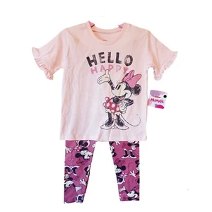 Disney Minnie Mouse Legging Set 4 Girls Pink HELLO HAPPY Short Sleeves Graphics - Picture 1 of 4