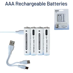 AAA Rechargeable USB-C Batteries Pack of 4 1.5V 600mWh Lithium for Toys & Remote - Picture 1 of 9