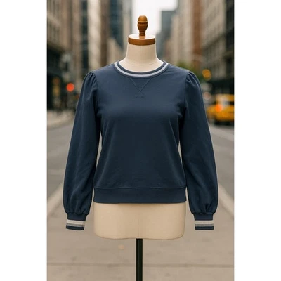 A&F Women’s Navy Crew Sweatshirt XL Puff Sleeve Cuff Stripe Trim Preppy Casual - Image 1 of 4