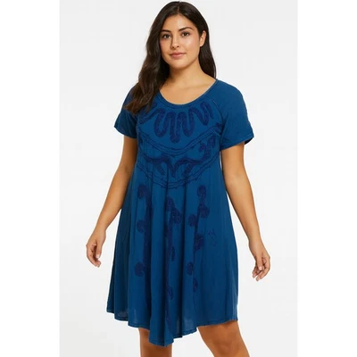 Boho Indie Blue Embroidered Swing Dress Free Size Festival India beach swim  — 第 1/4 张图片