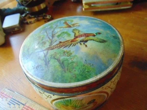 Lata de caramelo Thorne's vintage - Pájaros en la parte superior y laterales - 4 1/4 x 3 1/4" de alto - Imagen 1 de 7