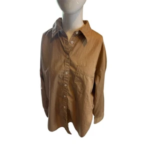 ANTHROPOLOGIE Maeve Button Down Shirt Sz M Long Sleeves Khaki Tan Taupe - Picture 1 of 7