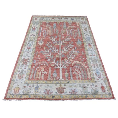 5'x6'10" Red Hand Knotted Afghan Angora Oushak Tree Design 100% Wool Rug G20413 - Image 1 of 4