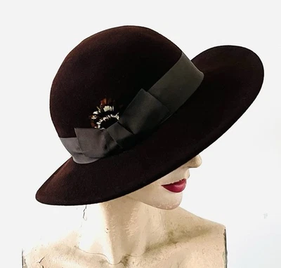 Vintage Halston 1970s Hat with Grosgrain Band and Small Feather - Image 1 of 4