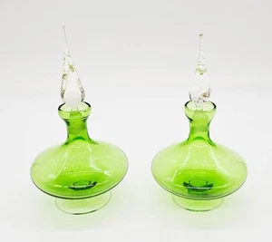 Glass Perfume Bottles Pair of 2 Matching Green w Clear Swirled Stoppers Antique - Picture 1 of 24