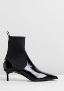 SENSO Sz 37 0r 6 Carmen Patent Black Leather Low Kitten Heels Ankle Boots Pointy - Picture 1 of 12