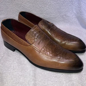 Bespoke Mens Brown Leather Croc Print Dress Penny Loafers Made In Italy Sz 11.5 - Bild 1 von 8