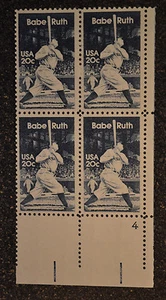 1983USA #2046 20c Babe Ruth - Baseball - Plate Block of 4 LR Mint NH - Picture 1 of 6