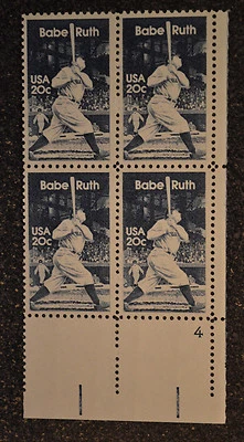 1983USA #2046 20c Babe Ruth - Baseball - Plate Block of 4  LR  Mint NH - Image 1 of 4