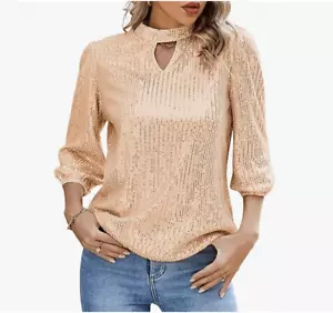 JASAMBAC NWT Sequined Blouse Standing Collar Party Top Date Night Rose Gold 2X - Picture 1 of 14