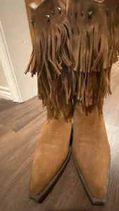 ROPER TAN SUEDE FRINGE COWGIRL BOOTS - POINTED TOE - Picture 1 of 7