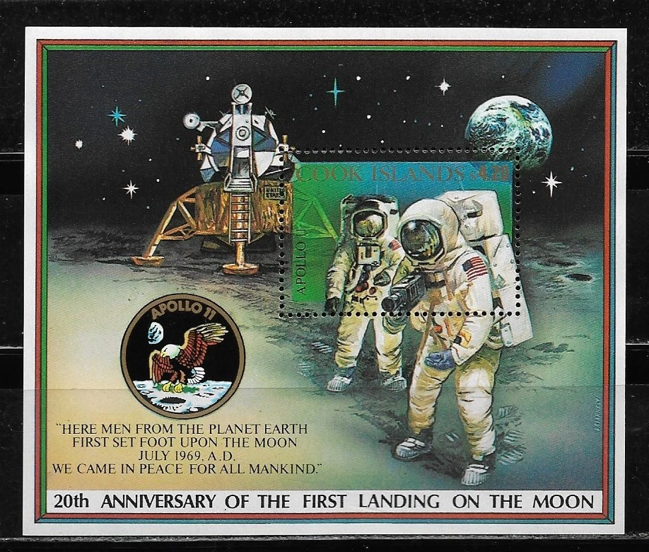 ISLAS COOK 1989, HOJA BLOQUE 20º ANIVERSARIO PRIMER ALUZINAJE. MNH. - Imagen 1 de 1