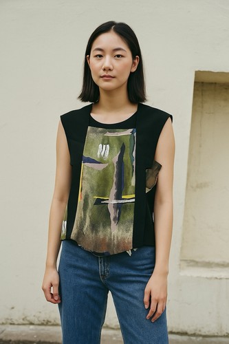 Blusa senza maniche multicolore in seta BALENCIAGA Paris 2009 taglia 40 (taglia USA 8)