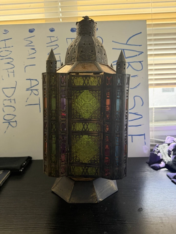 СТАРИННЫЙ LRG МАРОККАНСКИЙ СТИЛЬ ДЕКОРАТИВНЫЙ ФОНАРЬ СВЕТ РАЗНОЦВЕТНОЕ СТЕКЛО - Изображение 1 из 1