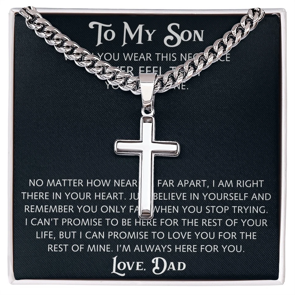 Dad to Loving Son Cross Necklace Christian Faith Religious Baptism Teen Boy Gift - Image 1 of 1