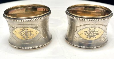 BEAUTY PAIR ANTIQUE SILVER NAPKIN RINGS SATIN BRIGHT MONOGRAM ORIGINAL CASE v/g - Image 1 of 4