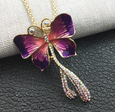 Collar/broche largo colgante mariposa diamantes de imitación esmalte púrpura para mujer Foto 1 de 3