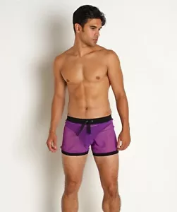 NEU Herren GO SOFTWEAR Hardcore verspielt durchsichtig Netz kurz | klein | lila - Bild 1 von 5
