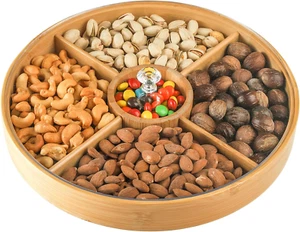 Bamboo Nuts Storage Platter Tray, Food Serving Tray with 5 Dining Grids, 12 Inch - Picture 1 of 7