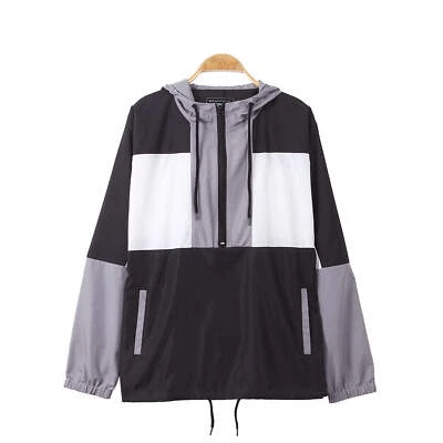 Jaqueta esportiva masculina casual corta-vento meio zíper com capuz cordão preta branca - Imagem 1 de 4