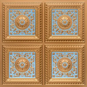 3D Tin Look D1291 Gold-Sky Blue PVC Glue Up Ceiling Tiles 2x2 Pack/6 - Picture 1 of 1