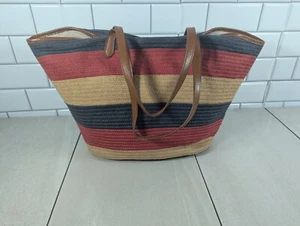 Talbots Striped Straw Woven Shoulder Tote Bag Blue Red Natural Brown Straps - Picture 1 of 10