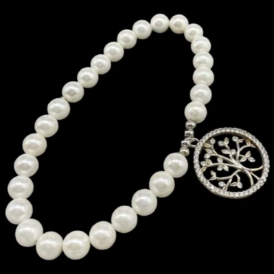 Bracciale donna elastico in argento 925 perle bianche naturali albero della vita - Immagine 1 di 4