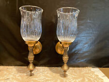 Vintage Pair Brass Wall Sconces With Lead Crystal Globe Candle Holders 14" Tall