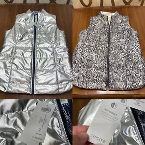 Chicos Zenergy 2 Metallic Puffer Reversible Vest Jacket Silver Snake Skin NEW - Picture 1 of 22