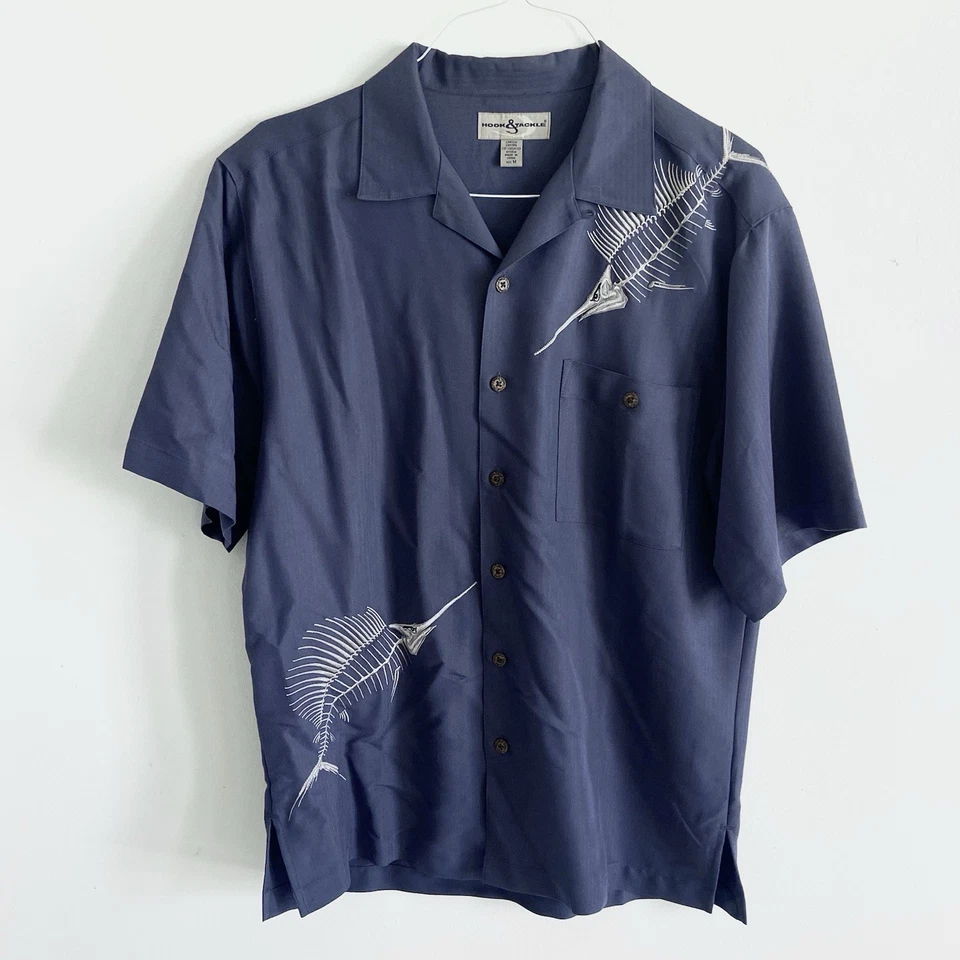 Hook & Tackle Short Sleeve Fishing Camp Shirt  M Embroidered Fish Print Blue - Image 1 of 4