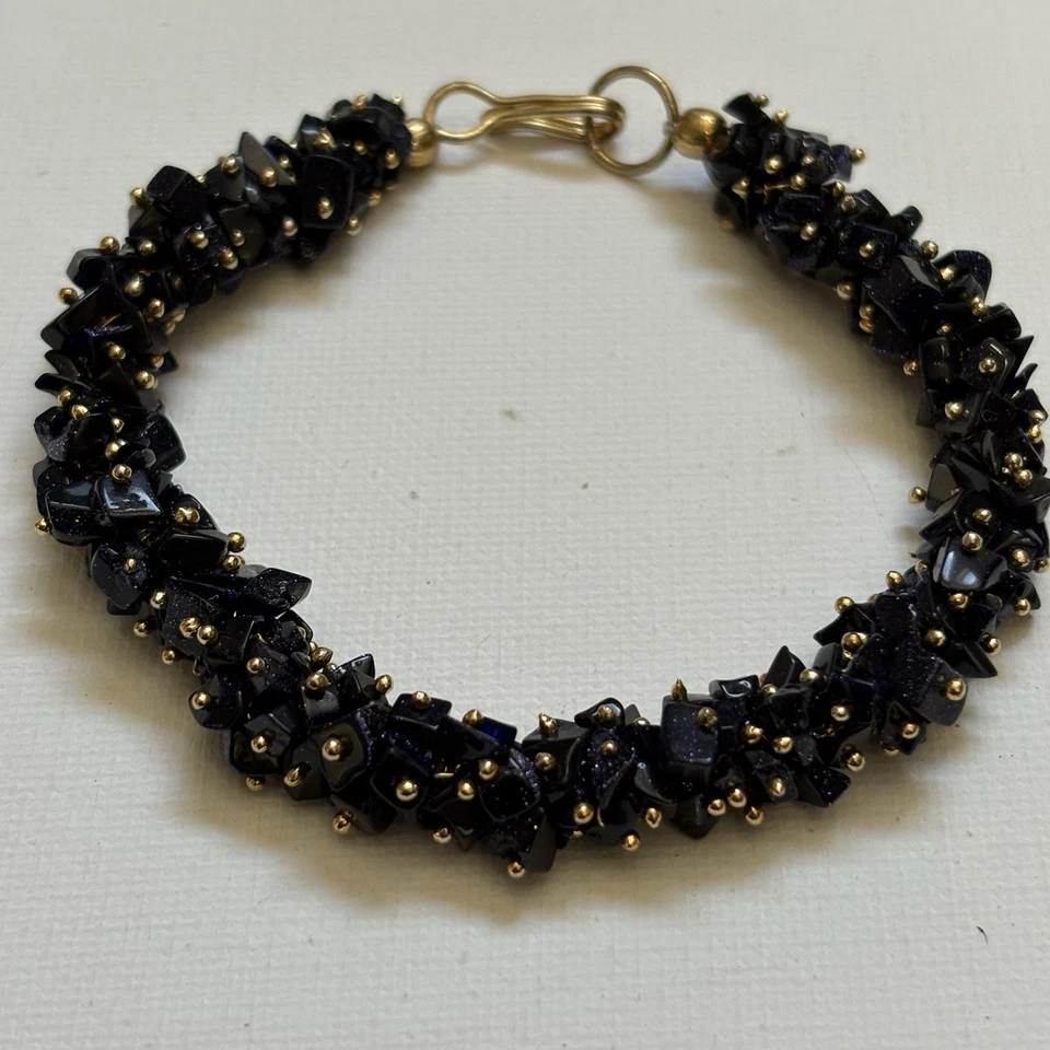 Linda pulseira de ouro vintage azul liso pedra dourada para miçangas 7” 24 gramas - Imagem 1 de 4