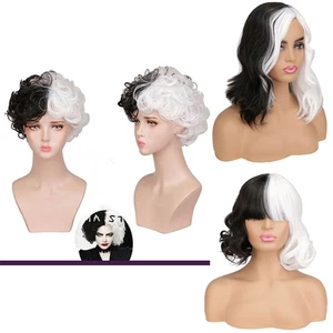 Cruella Cosplay Wig Black White Curly Hair Halloween Party Fancy Dress Up 12'' - Picture 1 of 21