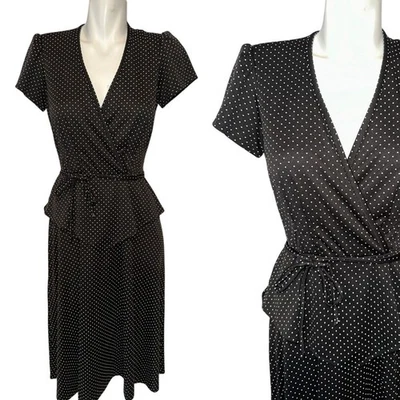 Vtg 70s Terri Juniors Black White Polka Dot Dress Peplum Fitted Rockabilly Sz 9 - Image 1 of 4