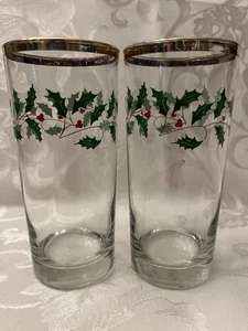 Lenox Holiday Water/ Highball Glasses Holly Berries Gold rimmed Set Of 2 - Picture 1 of 2