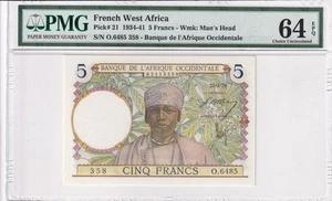 Billete francés de 5 francos de África Occidental 1934 P-21 PMG UNC 64 EPQ - Imagen 1 de 4