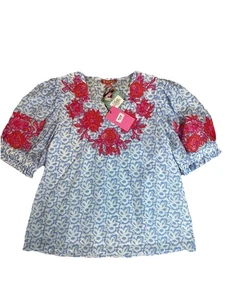Blusa azul THML para mujer talla M nueva con etiquetas bordada floral manga abullonada cuello en V - Imagen 1 de 8