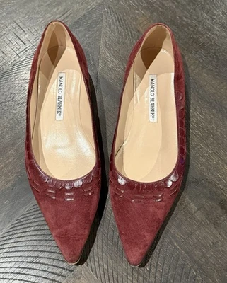 Zapato Plano MANOLO BLAHNIK Borgoña Gamuza Cuero Azteca Punta Punta Punta Foto 1 de 4