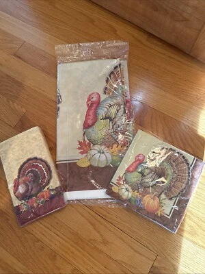 Lot of 3 Thanksgiving 1x Plastic Tablecloth 54x102 Napkins 2xTurkey Fall Autumn - Image 1 of 4