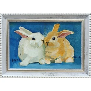 Oil Painting Rabbit Original painting Bunny Art rabbit Framed Signed art Animal - Picture 1 of 9