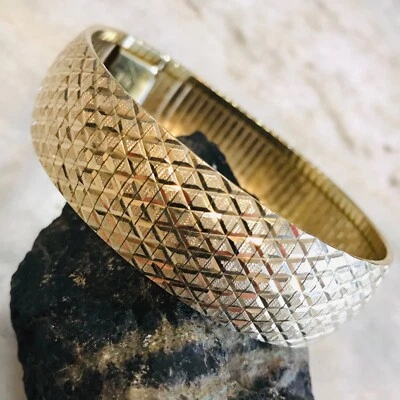 VTG Gold Plated Sterling Silver Bracelet 3/4” Diamond Crosshatch 7.25" 925 Italy - Image 1 of 4