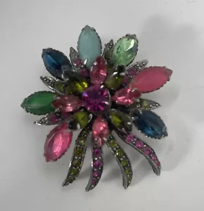 Vibrant Marquise Colorful Rhinestone Brooch Pin Stamped Selini Vintage - Picture 1 of 7